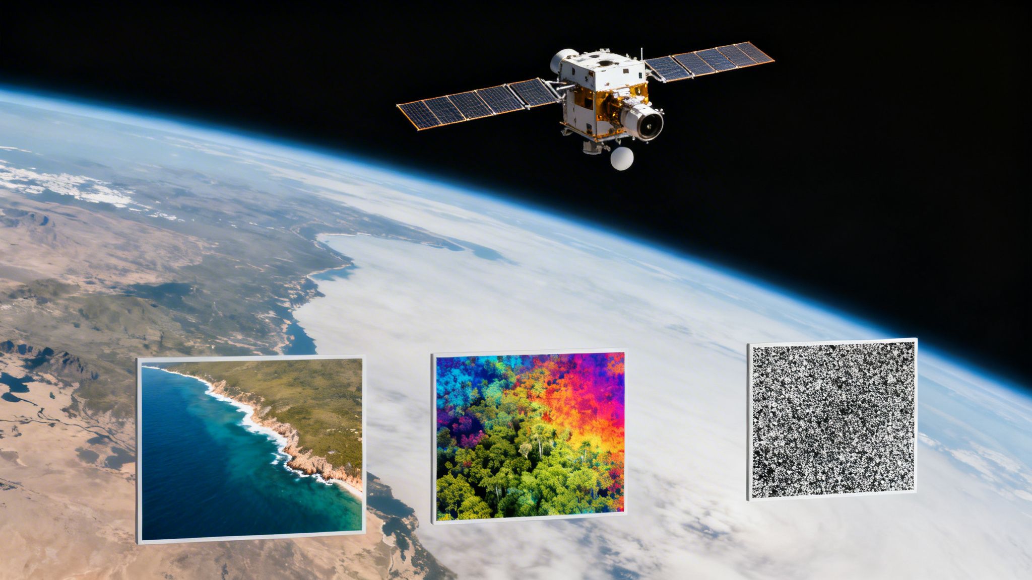 A satellite in space above Earth, displaying three inset images: a coastline, a vibrant forest, and abstract data.