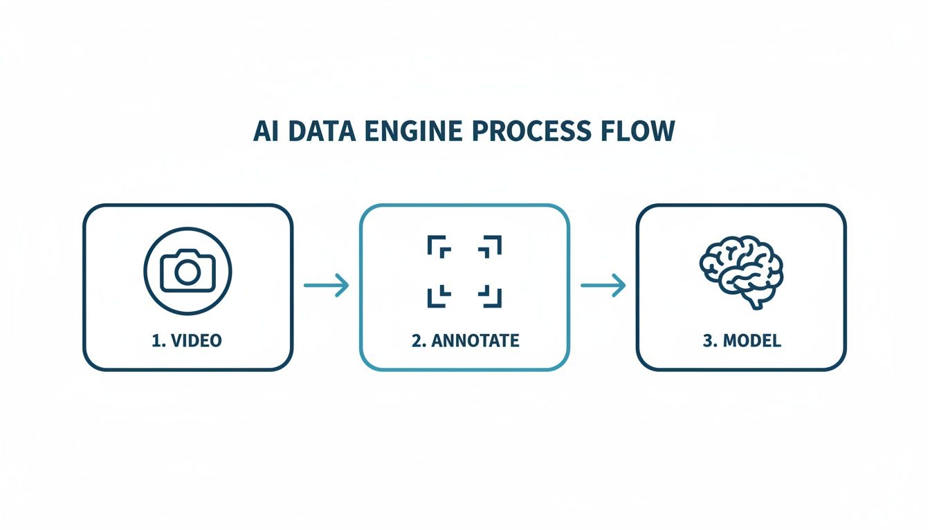 Flowchart illustrating the AI data engine process: video capture, data annotation, and model training.