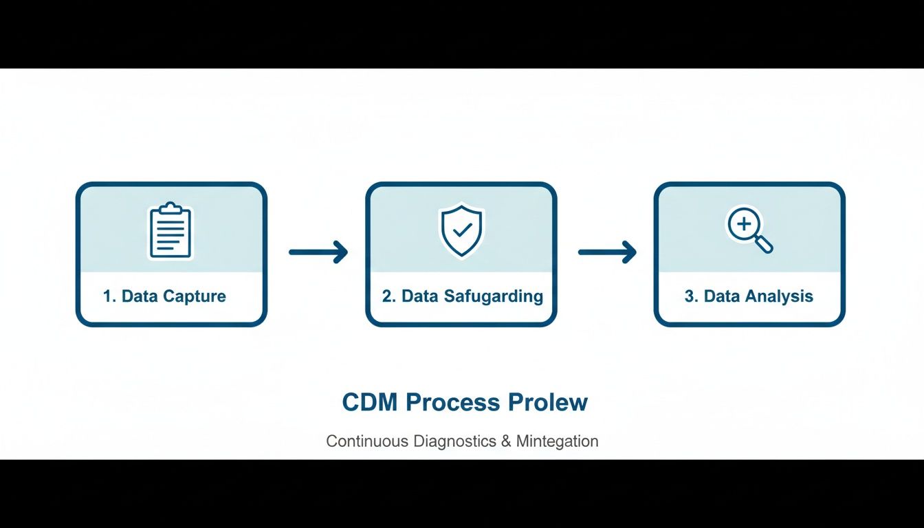 A three-step CDM process: Data Capture, Data Safeguarding, and Data Analysis, illustrated with icons.