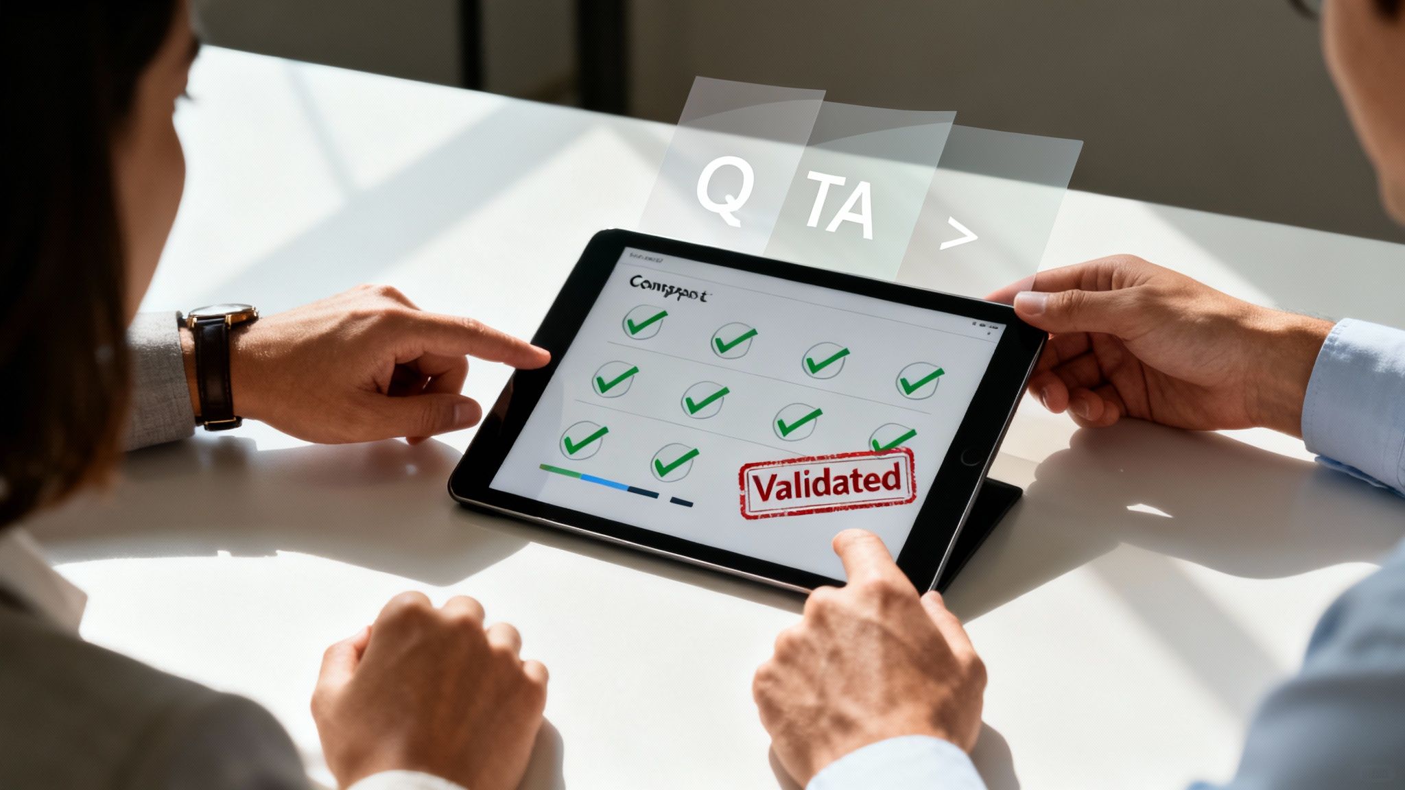 Two people review a tablet displaying 'Validated' and green checkmarks, indicating a successful quality assurance process.