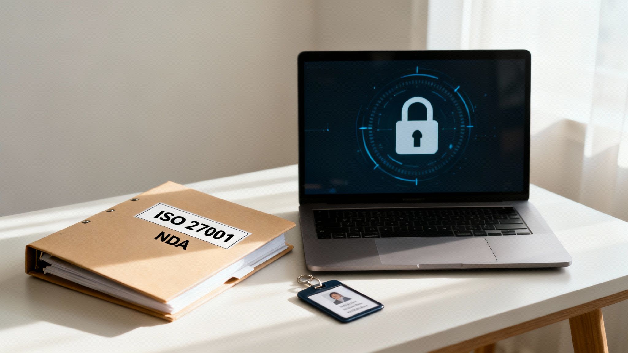 Laptop displaying a padlock icon next to an ISO 27001 NDA folder and an ID badge, symbolizing data security.