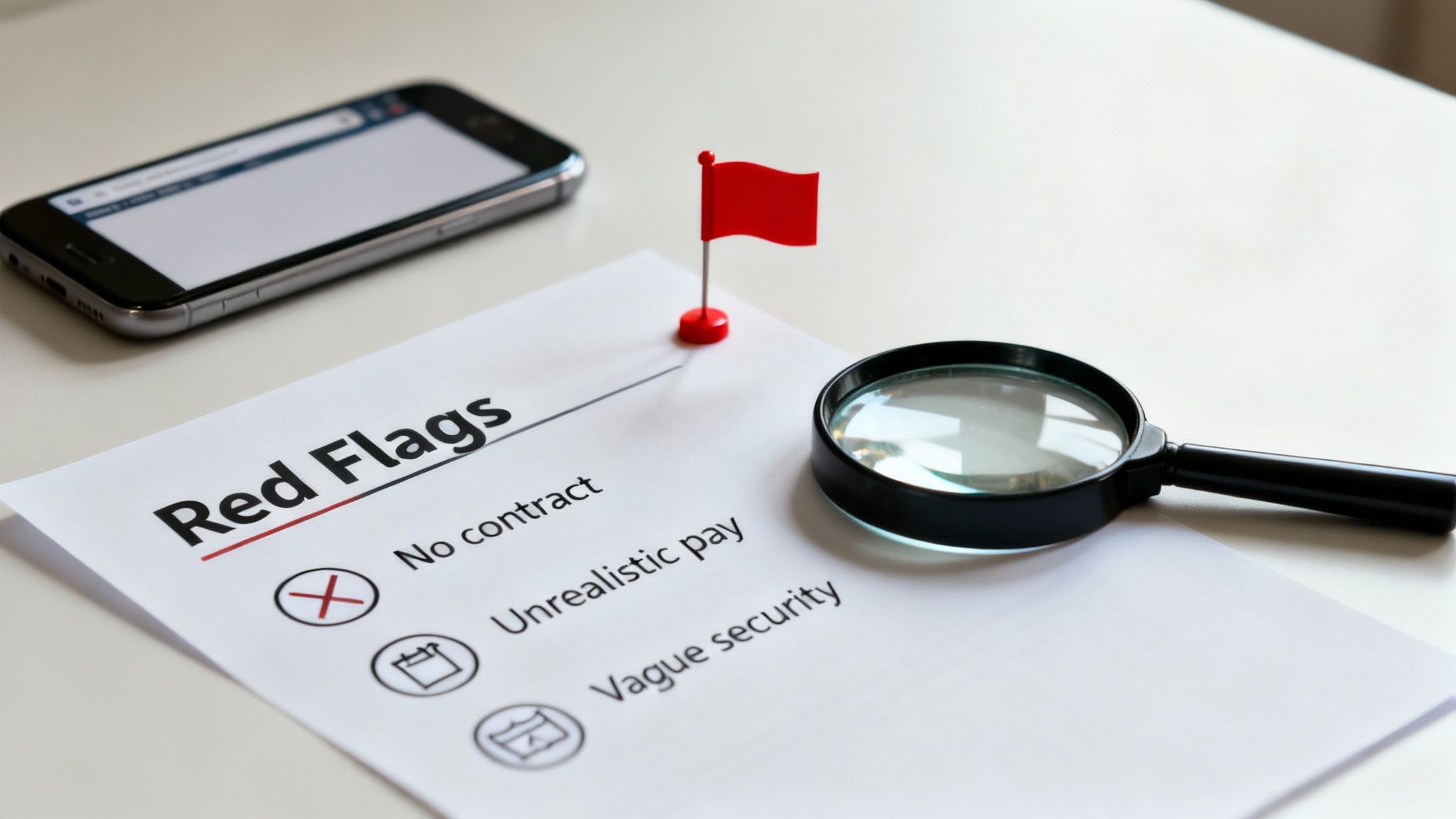 Red flag checklist document with magnifying glass highlighting employment warning signs and contract concerns
