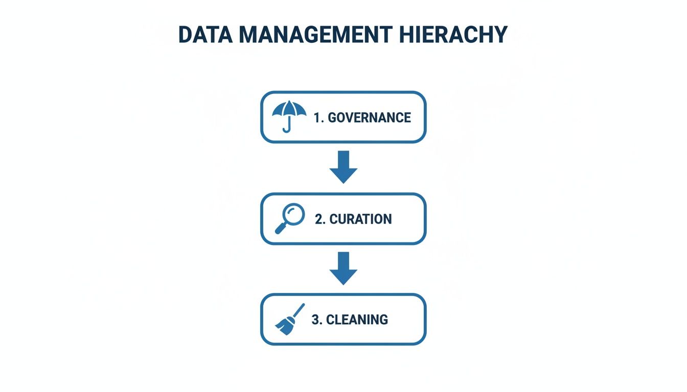 A data management hierarchy diagram with steps: governance (umbrella), curation (magnifying glass), and cleaning (broom).