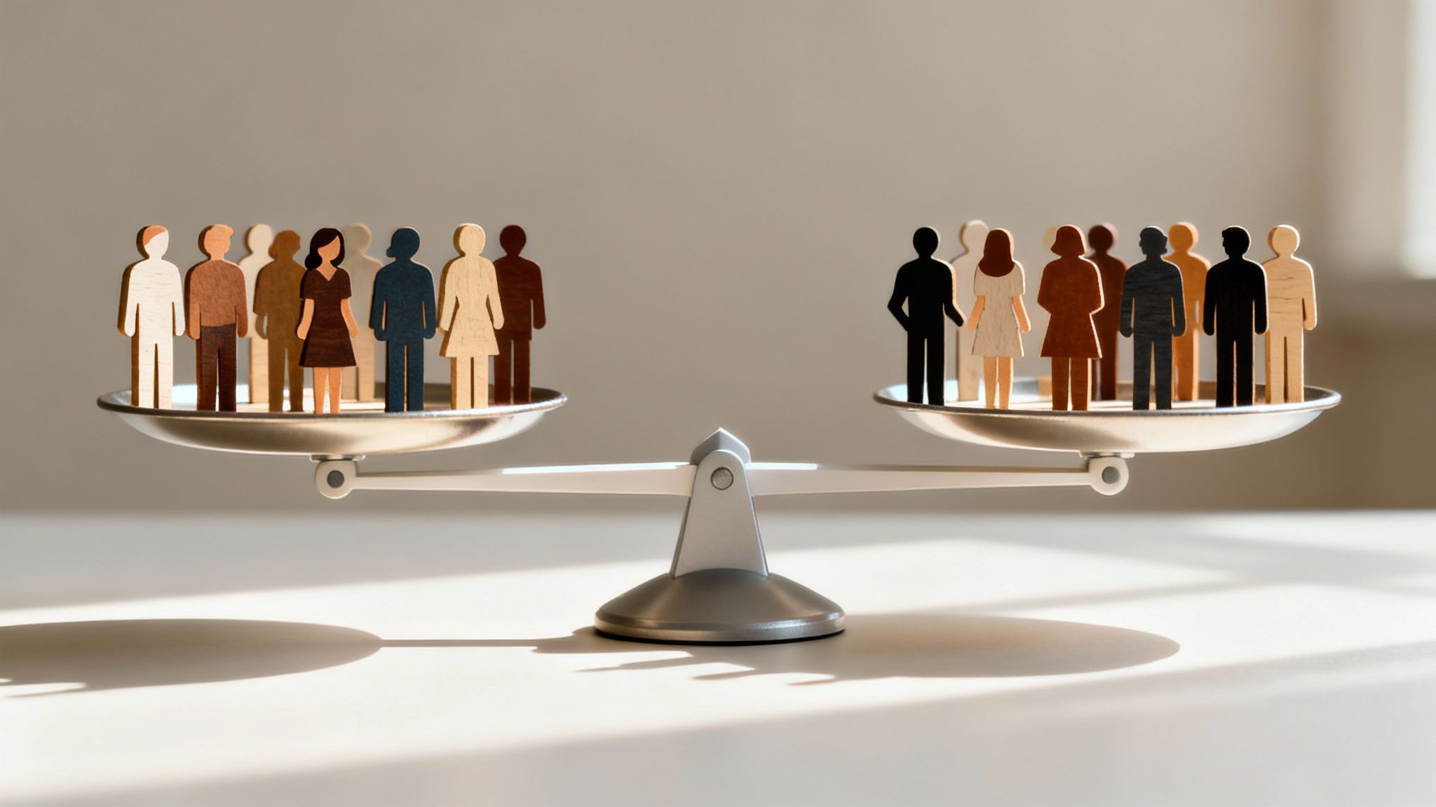 A balance scale holding diverse wooden figures, representing gender and racial equality.