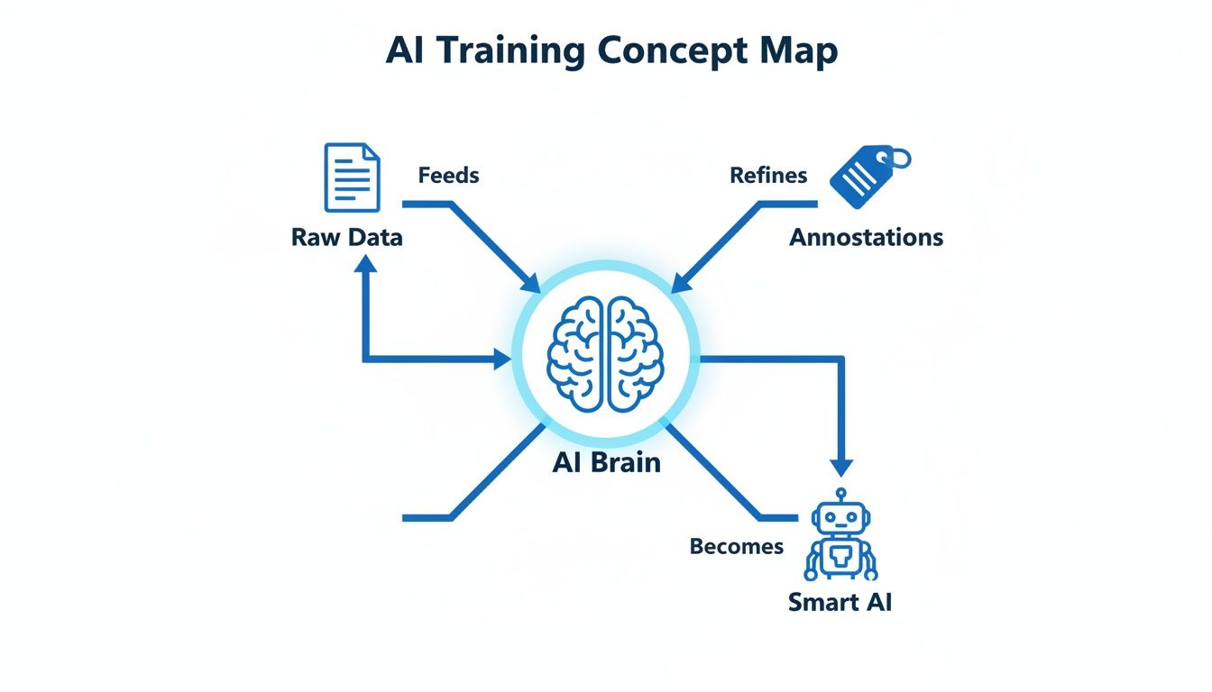 Concept map illustrating the AI training process, showing raw data and annotations feeding into an AI brain to create smart AI.