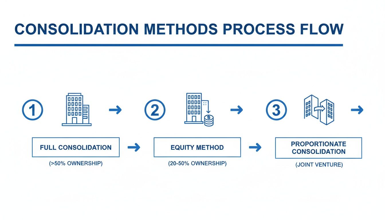 Process flow illustrating three consolidation methods: Full, Equity, and Proportionate, with ownership percentages.