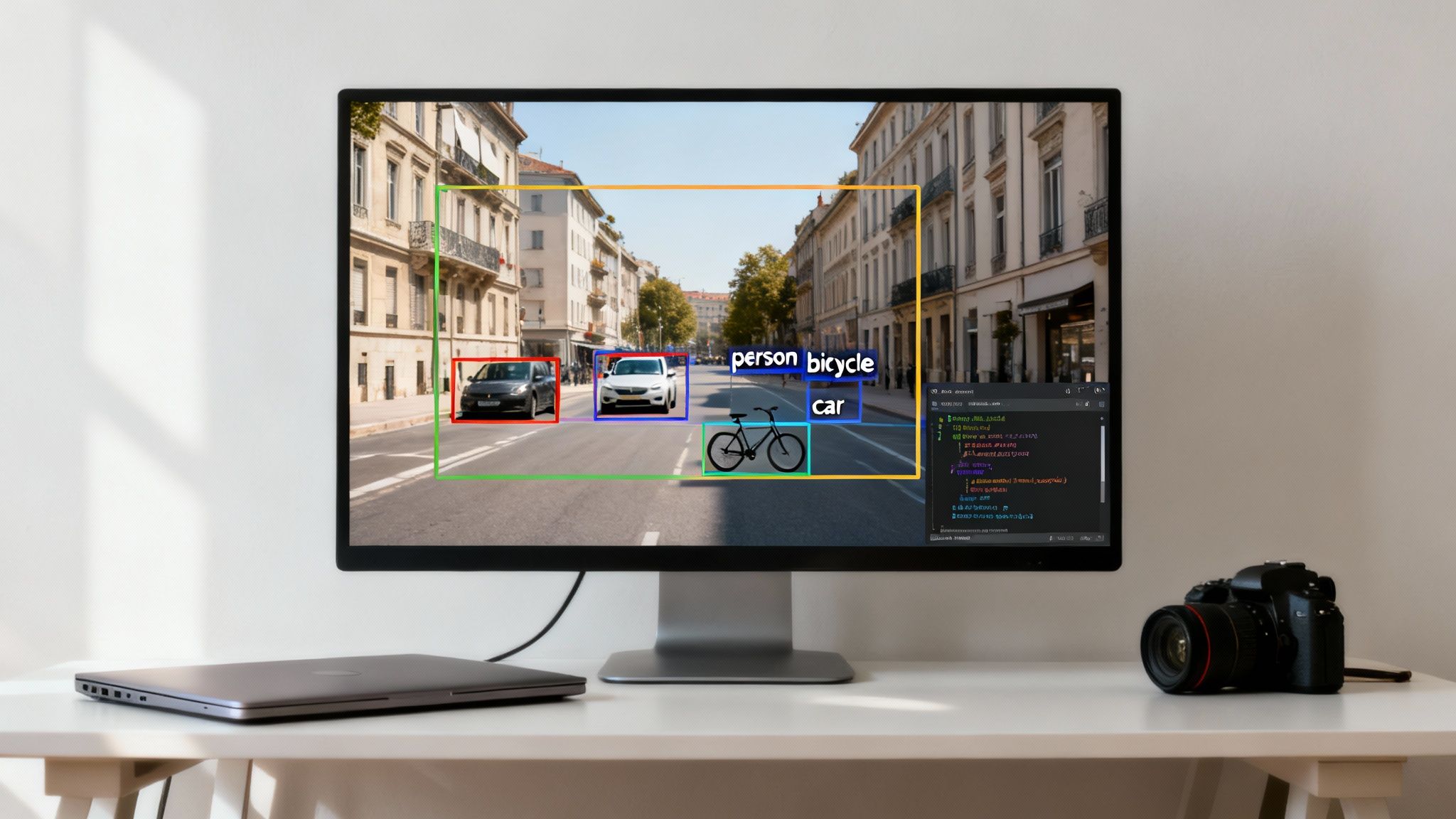 A monitor displays object detection on a street scene with labeled cars and a bicycle, alongside a laptop and camera on a white desk.