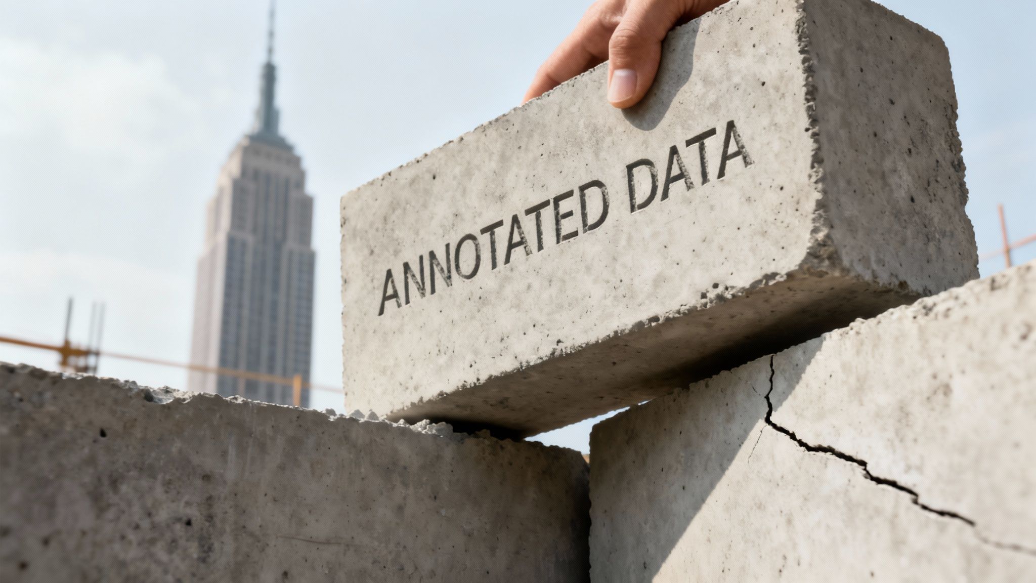 A hand places a concrete block labeled 'Annotated Data' onto a base of cracked concrete blocks.