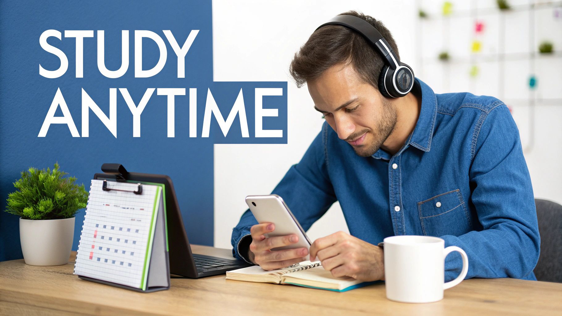 A man wearing headphones uses a smartphone at a desk with a laptop and planner. Text says 'STUDY ANYTIME'.