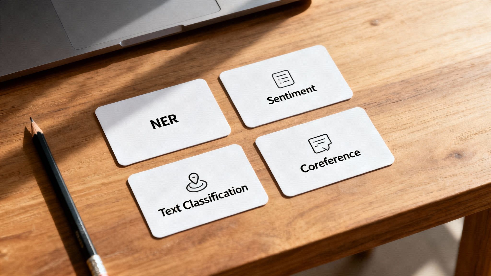 White cards displaying NLP tasks: NER, Sentiment, Coreference, and Text Classification, on a wooden desk.