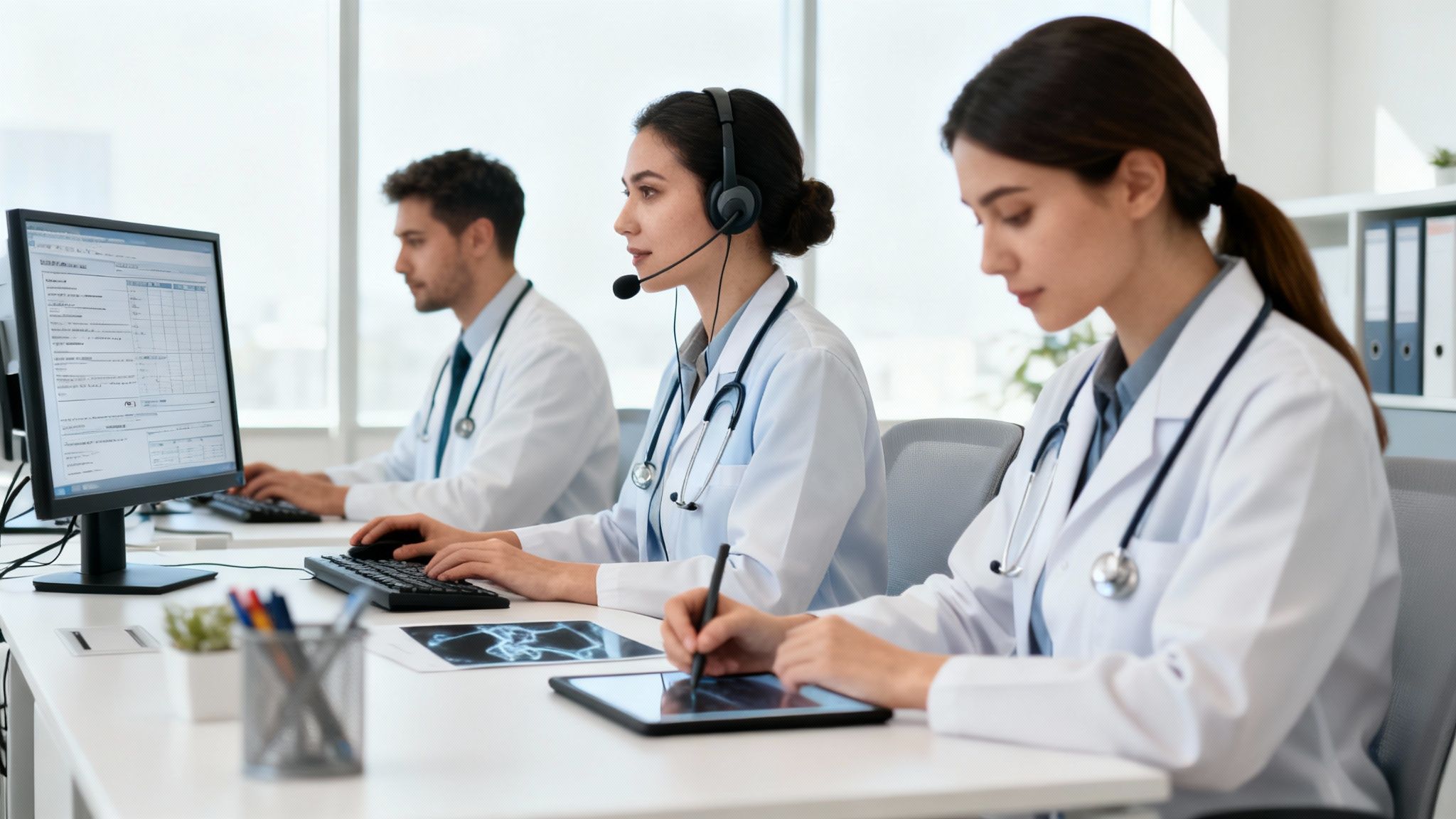 Three healthcare professionals in white lab coats and stethoscopes working on computers in an office.