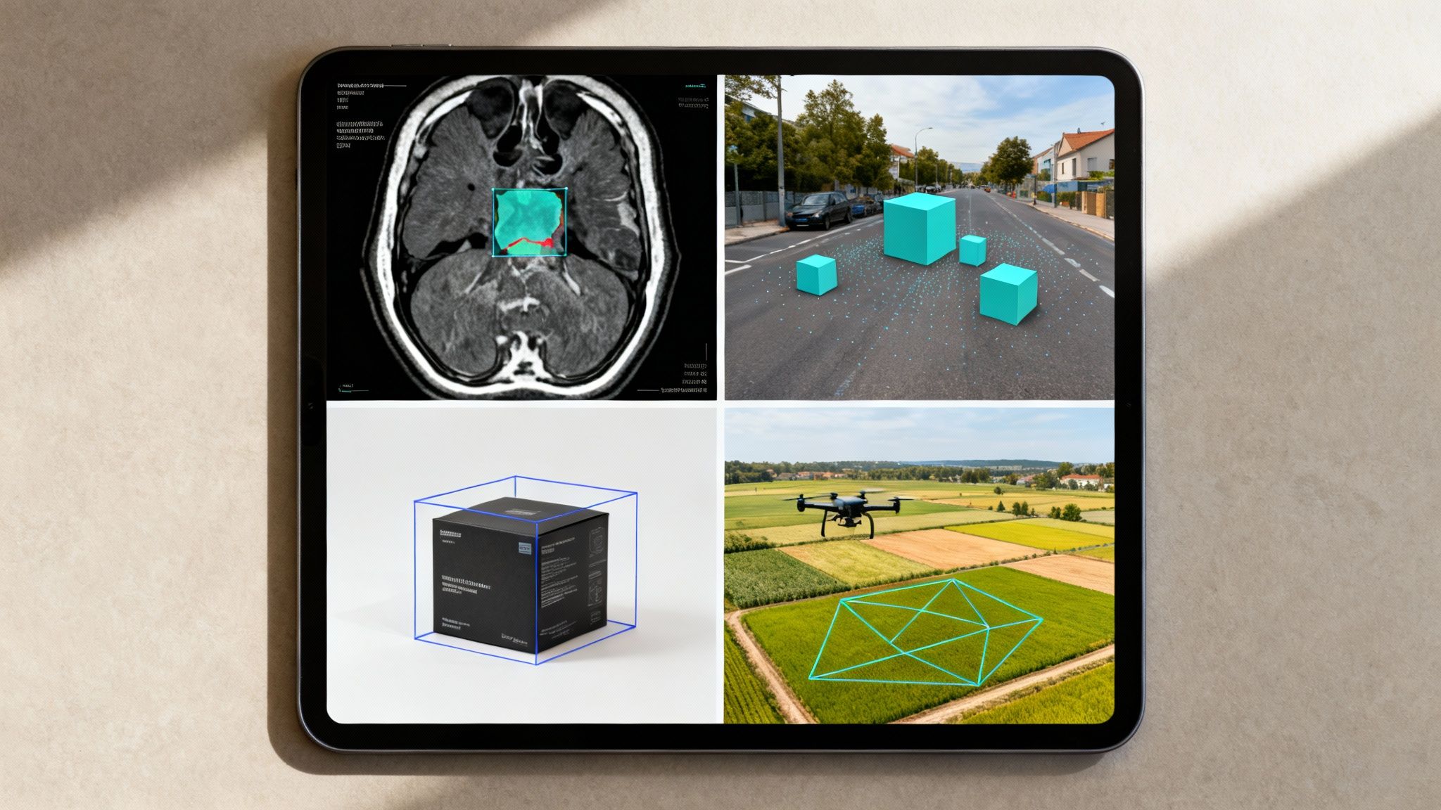 Tablet showing diverse image annotation applications: medical MRI, augmented reality, packaging, and drone mapping.