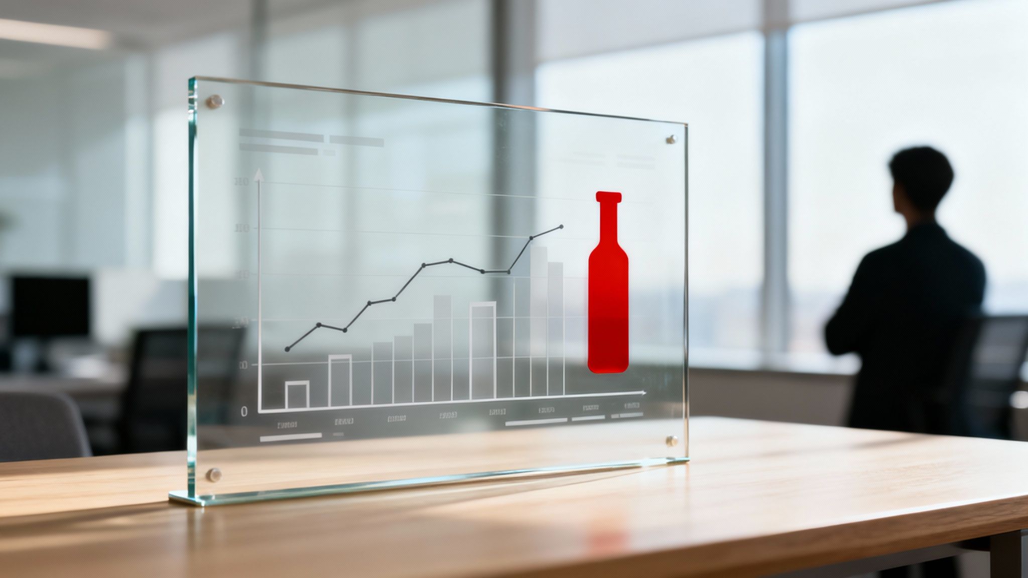 A glass plaque on a wooden desk displays a business graph with an upward trend and a red wine bottle icon, in an office.