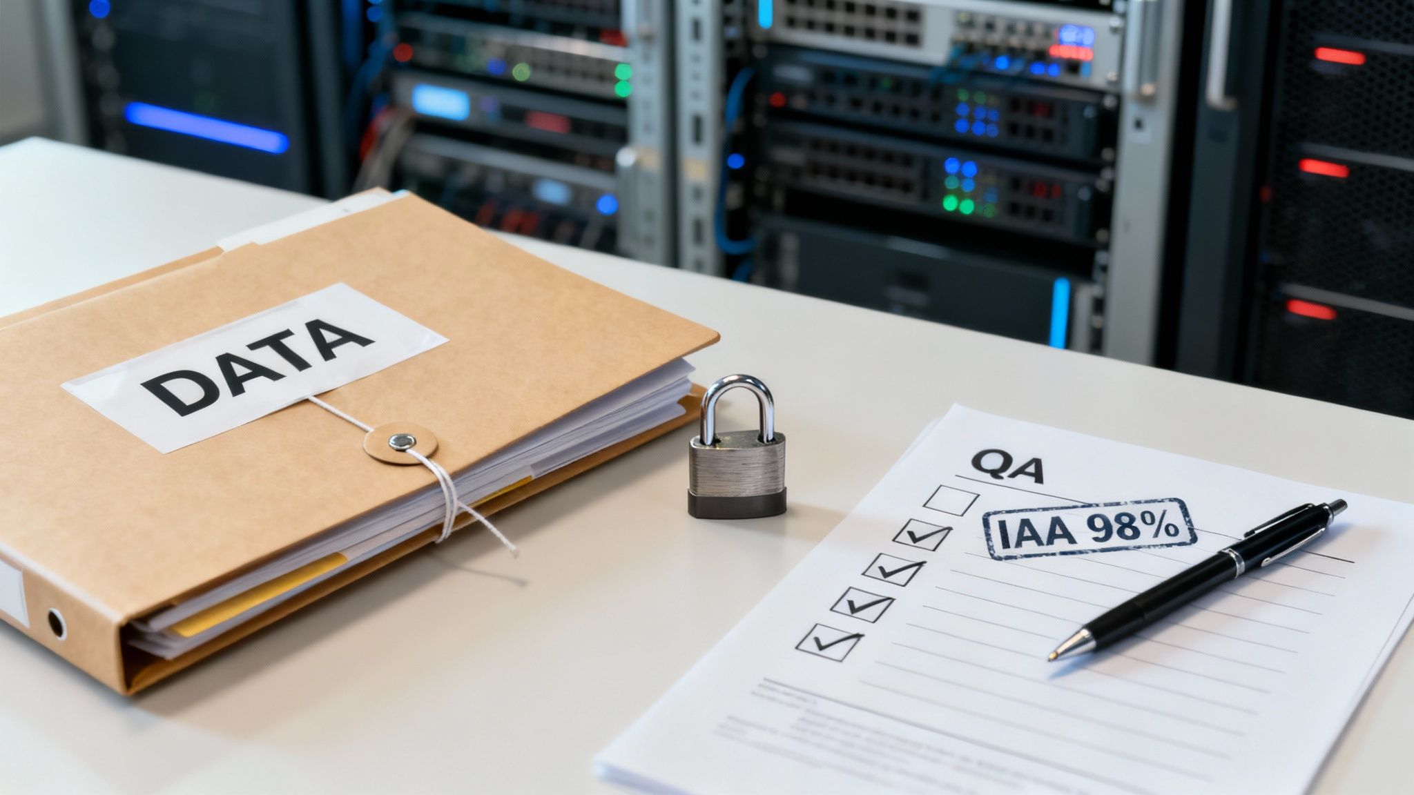 Data folder with padlock and QA checklist showing IAA 98% compliance in server room