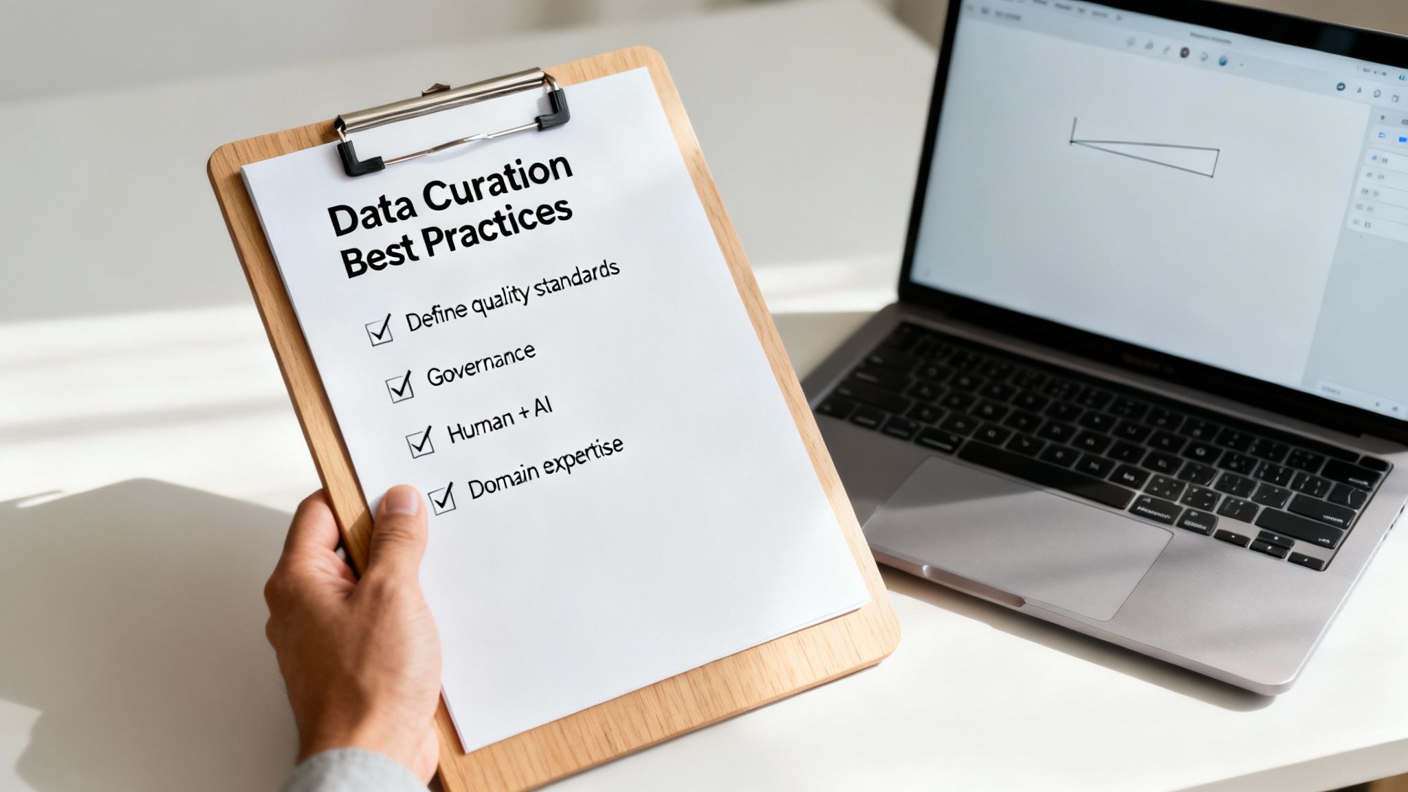 A hand holds a clipboard with a 'Data Curation Best Practices' checklist next to a laptop.
