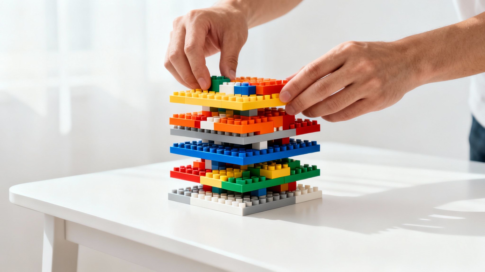 Hands building a colorful tower with interlocking plastic bricks on a white table.