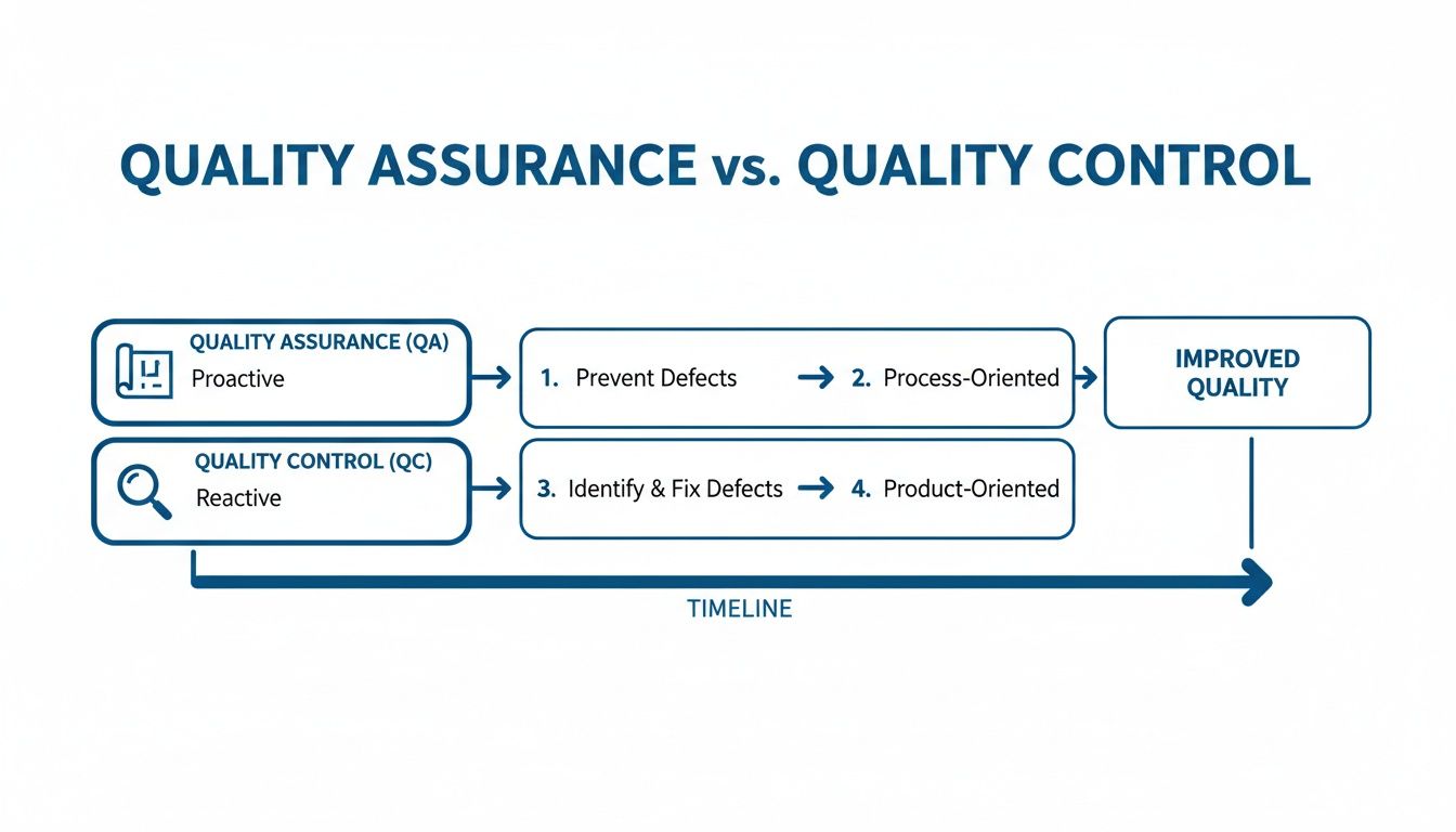 Diagram comparing Quality Assurance (proactive, process-oriented) and Quality Control (reactive, product-oriented) for improved quality.