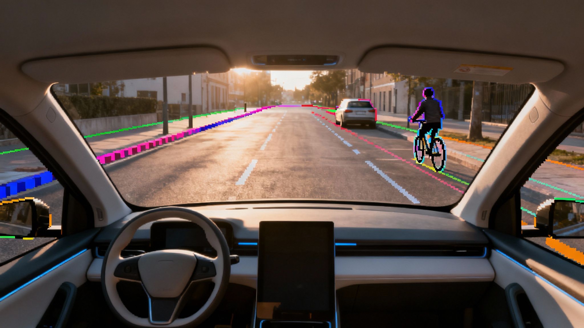 Semantic segmentation view from a car, showing a road, car, cyclist, and lane lines.