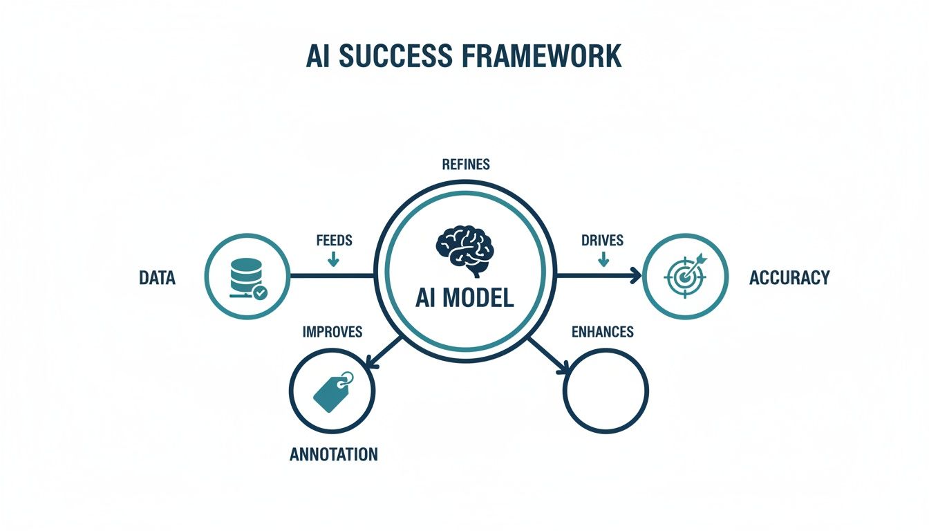 Diagram illustrating the AI Success Framework, showing how data, annotation, and feedback loops improve AI model accuracy.