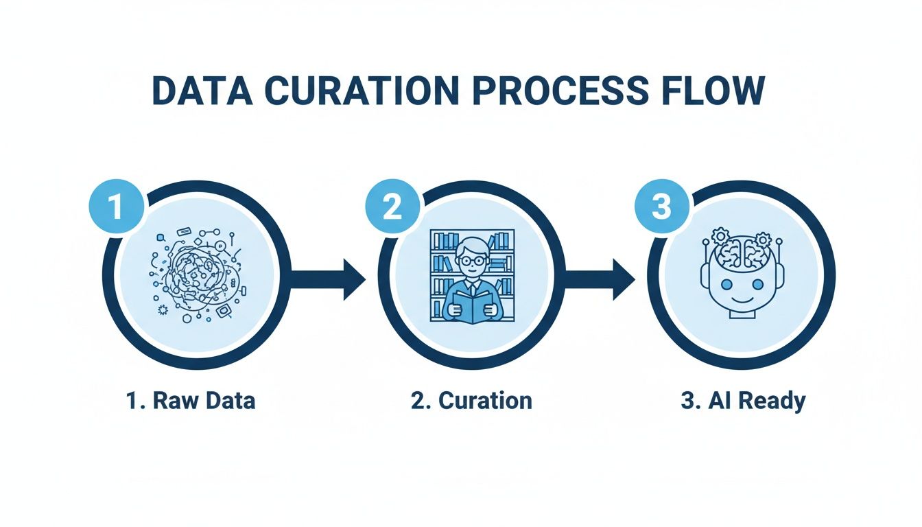 Infographic showing the data curation process from raw, messy data to organized, AI-ready data.