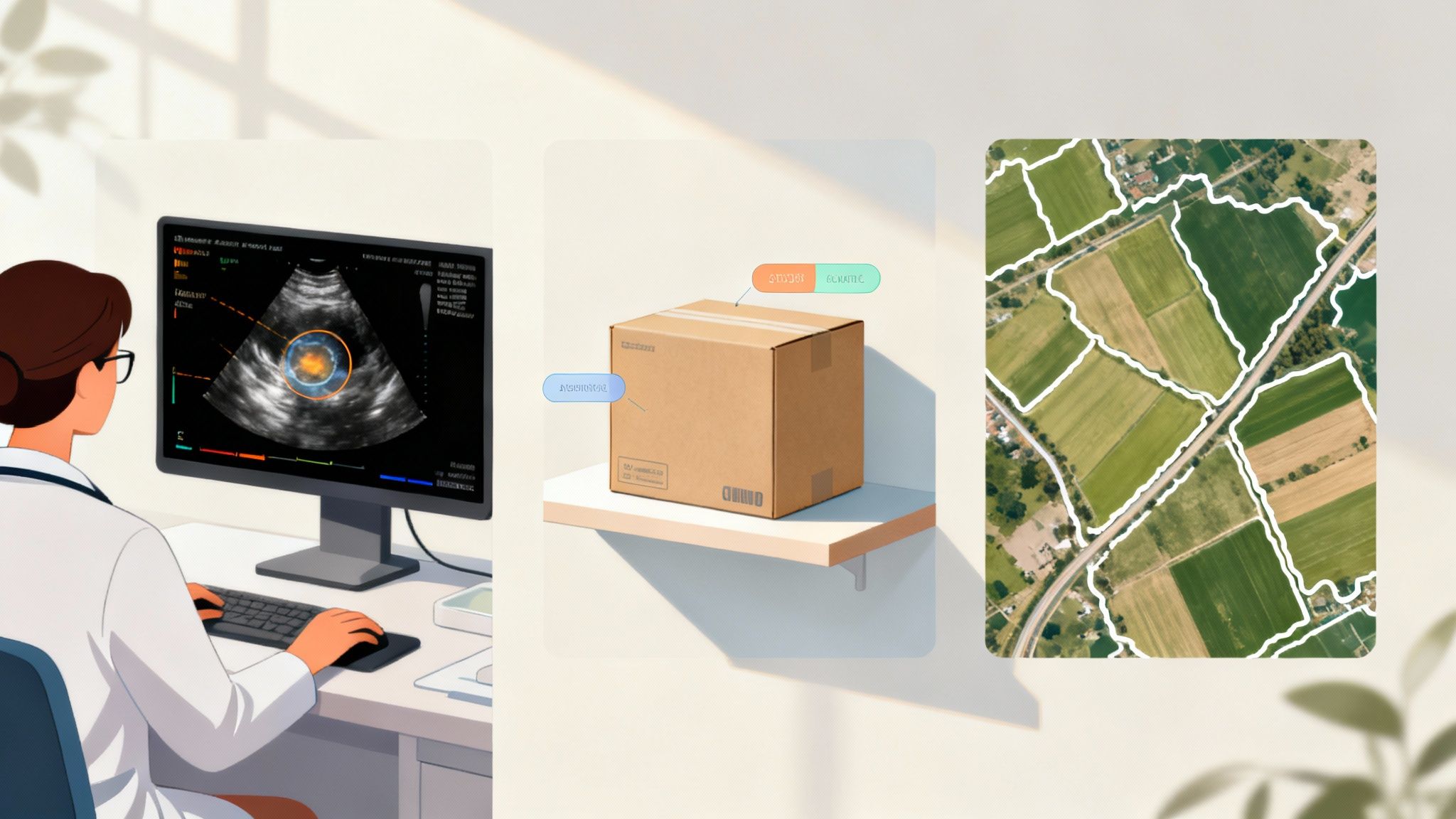 Three panels illustrate diverse AI image labeling applications: medical imaging, package identification, and agricultural land segmentation.
