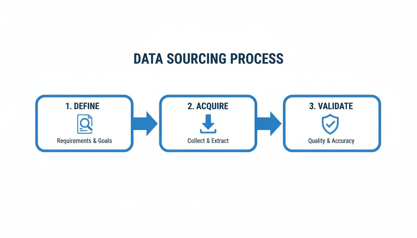 A data sourcing process flowchart illustrating the steps: define, acquire, and validate data.