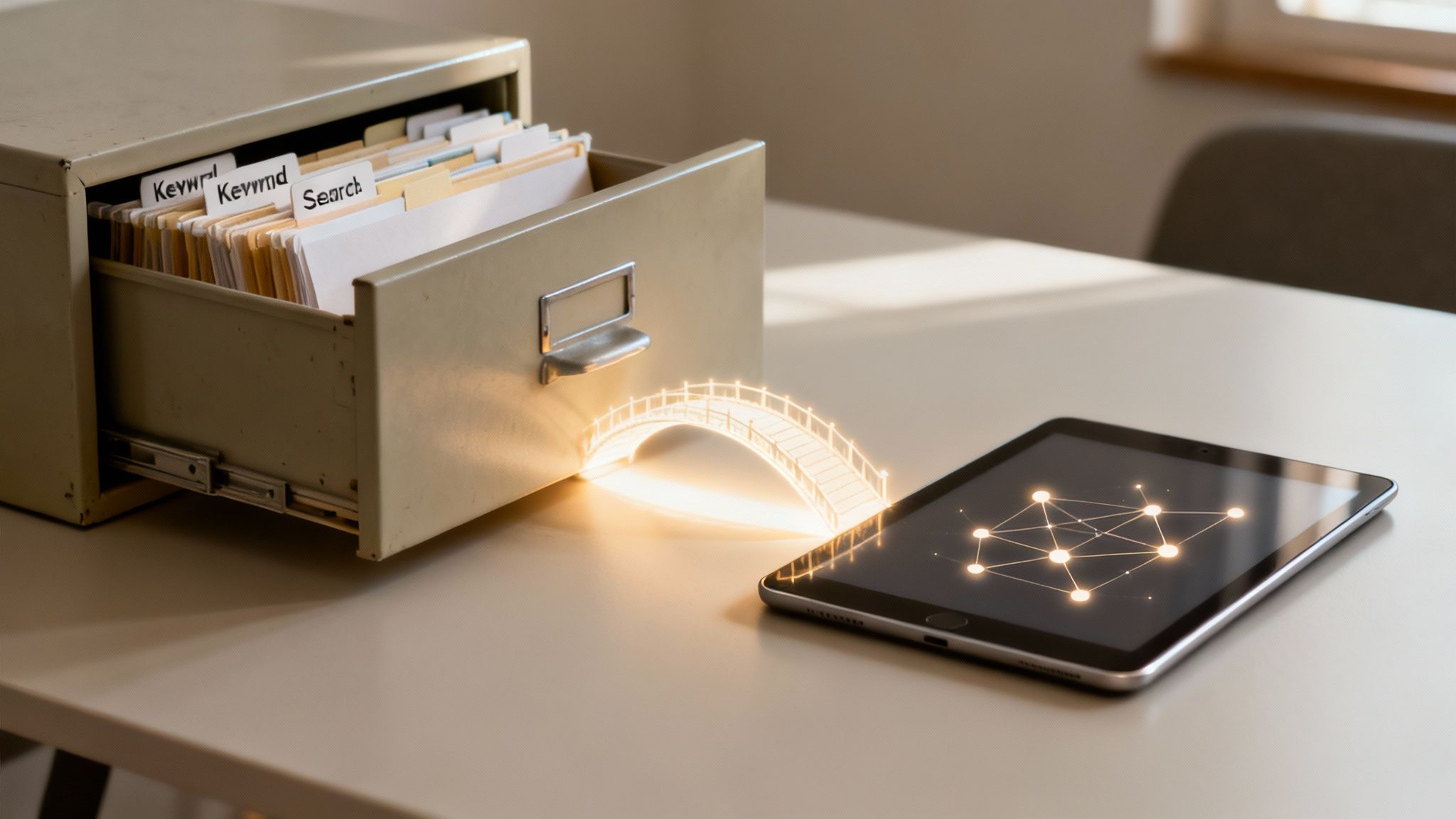 A glowing digital bridge connects an old filing cabinet with files to a modern tablet displaying a network.