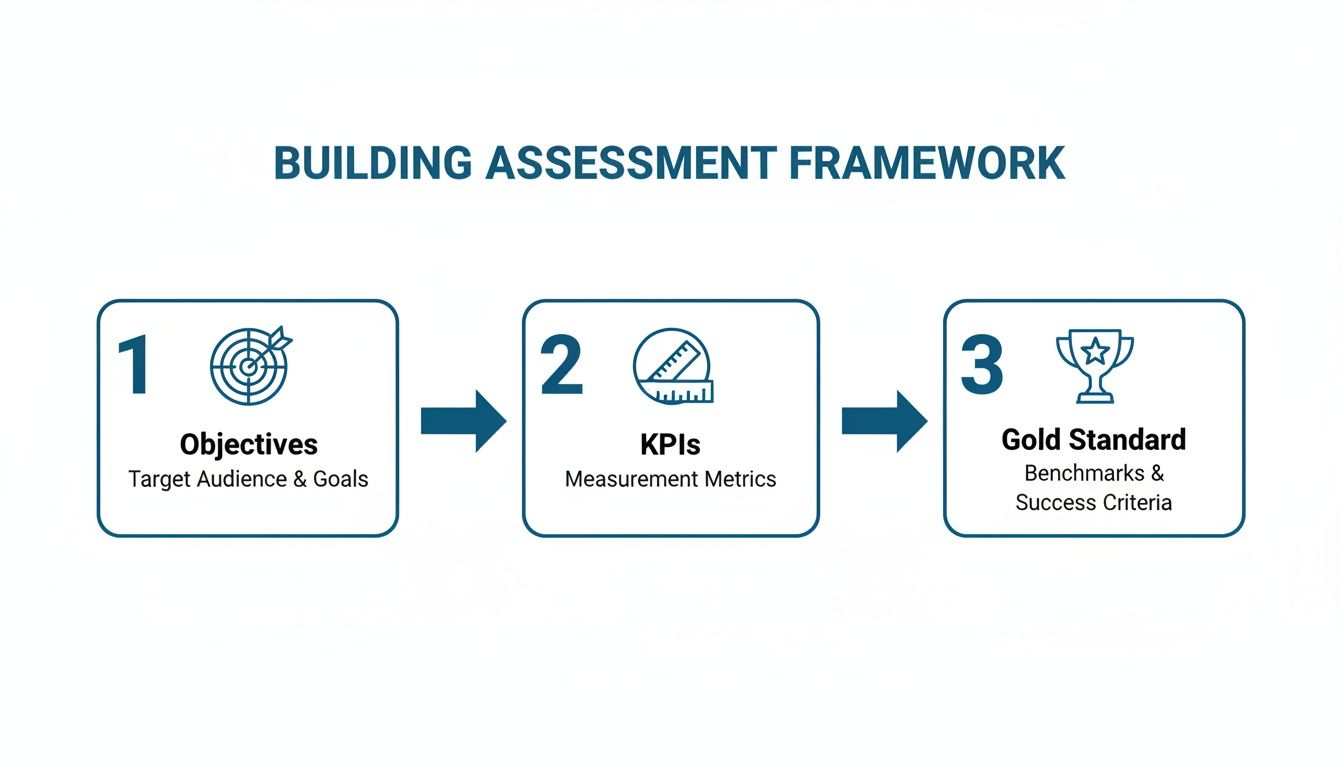 A 'Building Assessment Framework' diagram showing 3 steps: Objectives, KPIs, and Gold Standard.