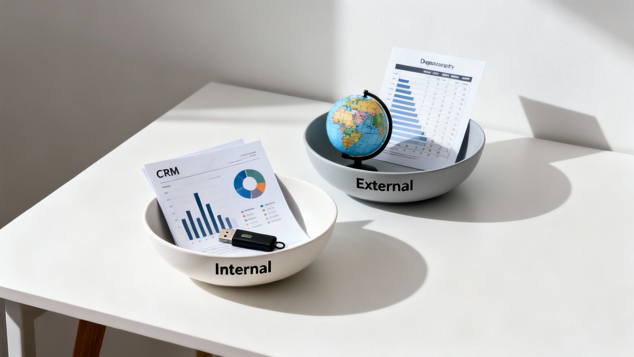 Two bowls, 'Internal' with business reports and 'External' with a globe, illustrate data classification.