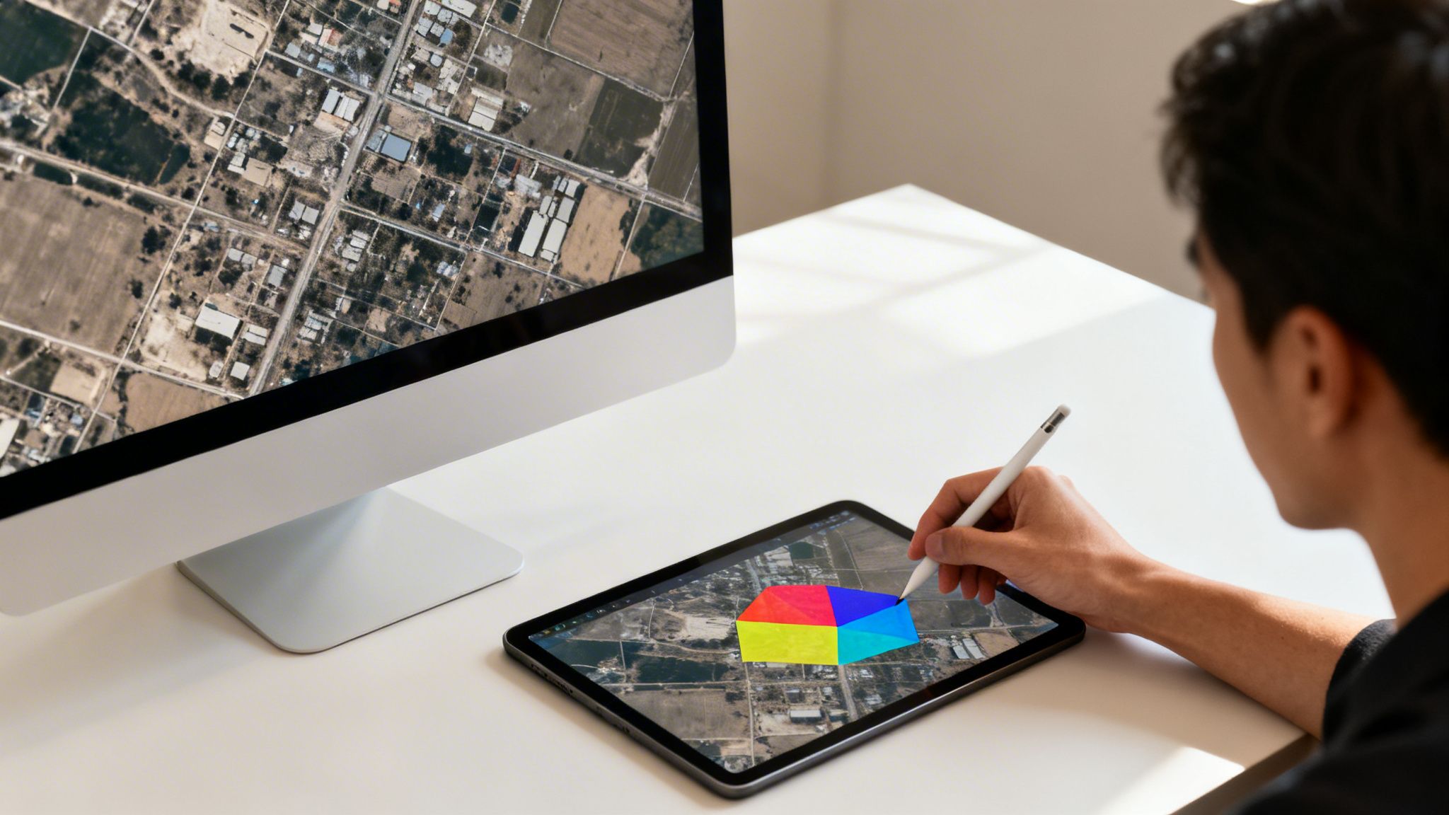 Person creating digital maps on a tablet with a stylus, while a monitor displays satellite imagery.