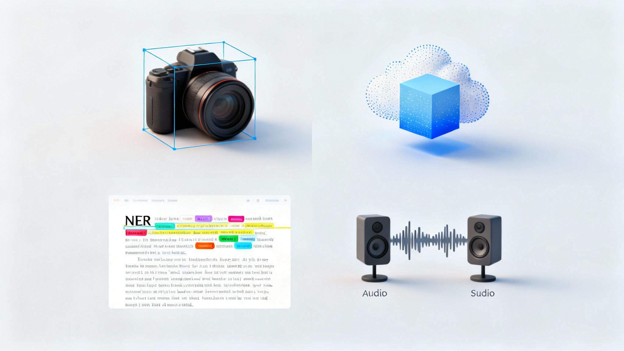 Visual representation of data annotation across different modalities: image, cloud computing, text NER, and audio.