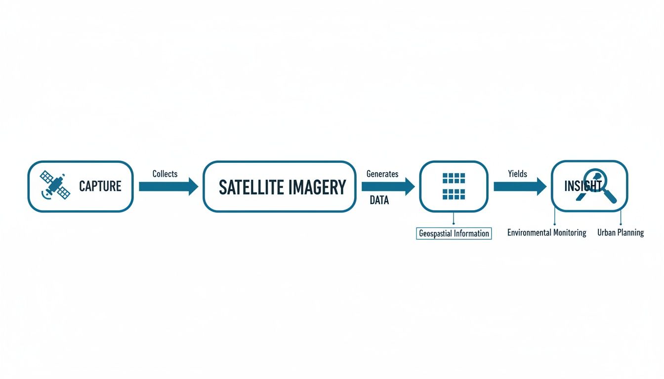 Flowchart illustrating the process from satellite capture to generating geospatial insights for environmental monitoring and urban planning.