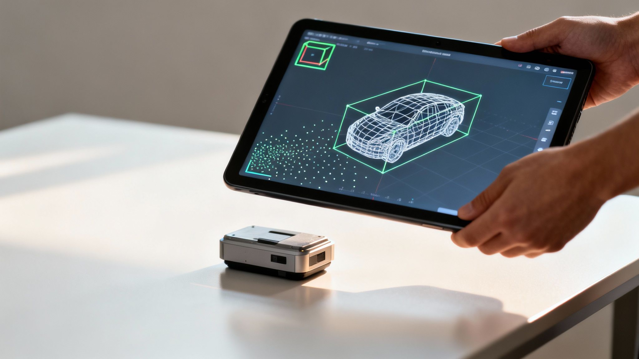 Hands hold a tablet displaying a 3D wireframe car model, next to a small scanner on a table.