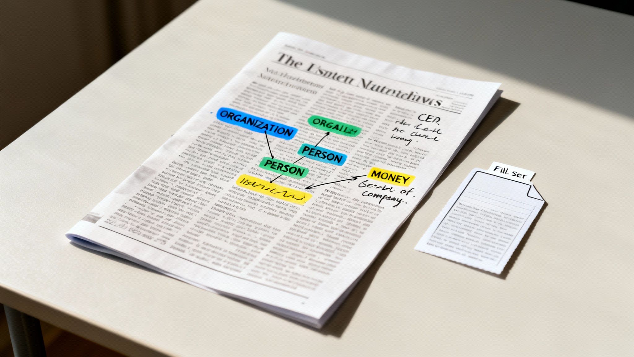 An annotated newspaper article on a desk, highlighting words like organization, person, and money, with handwritten notes.