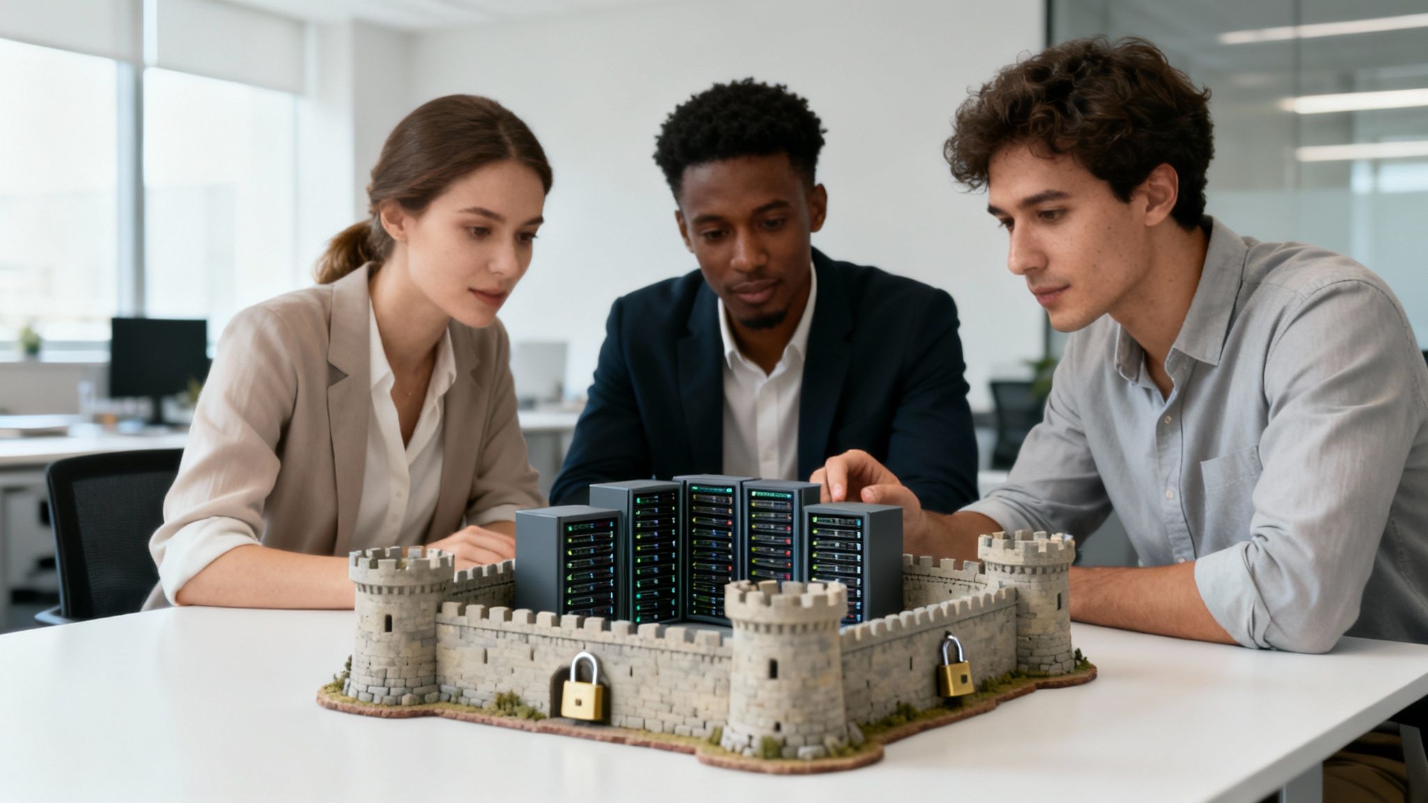 Three diverse professionals discuss data security represented by server racks inside a miniature castle fortress.