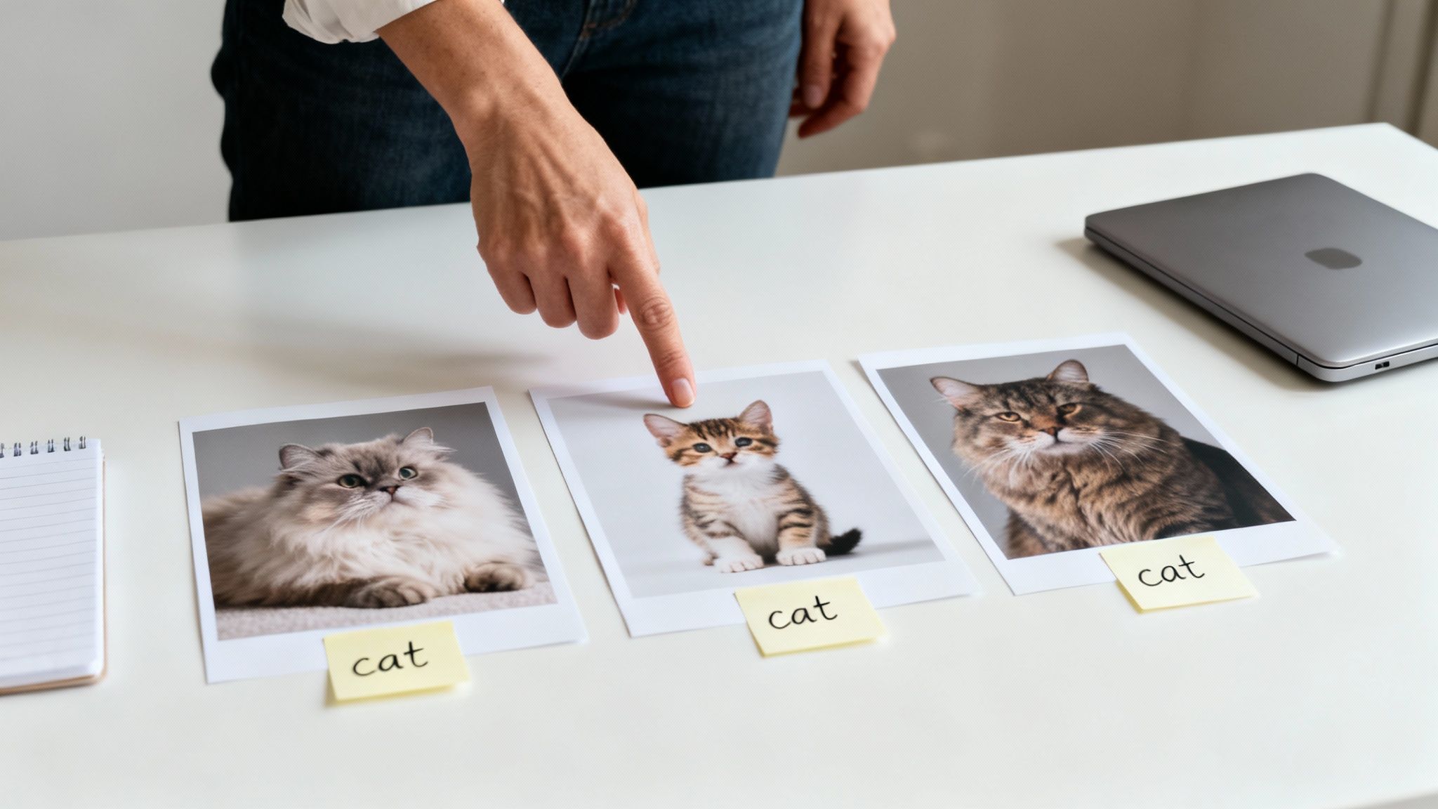 A person's hand points at a kitten photo among three cat pictures, all labeled on a desk.
