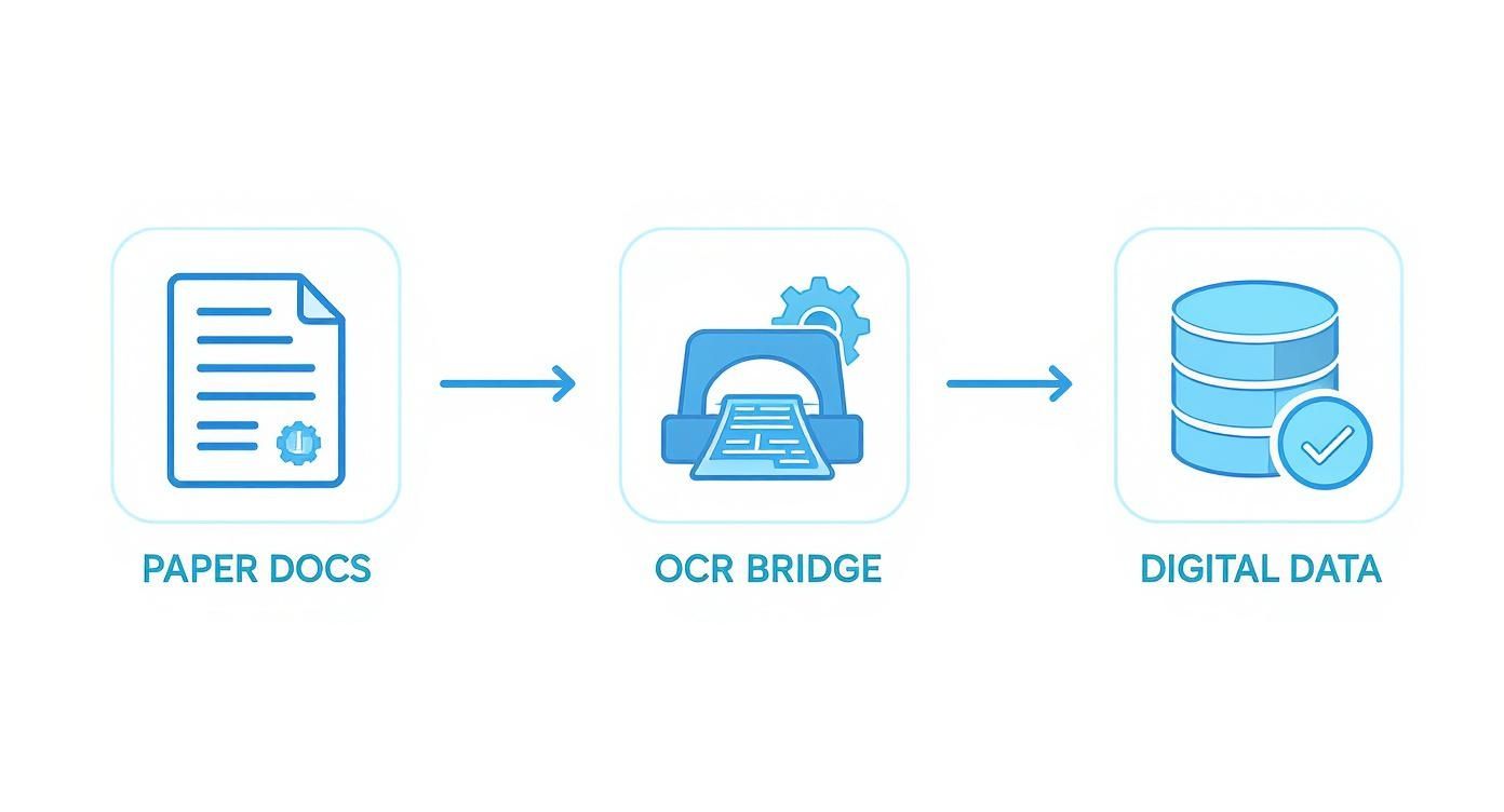 Diagram illustrating the conversion of paper documents to digital data using an OCR bridge.