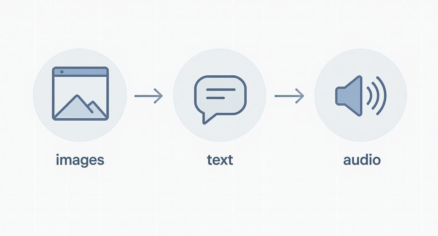 A data processing diagram showing a flow from images, converted to text, and finally to audio, represented by three circular icons and arrows.