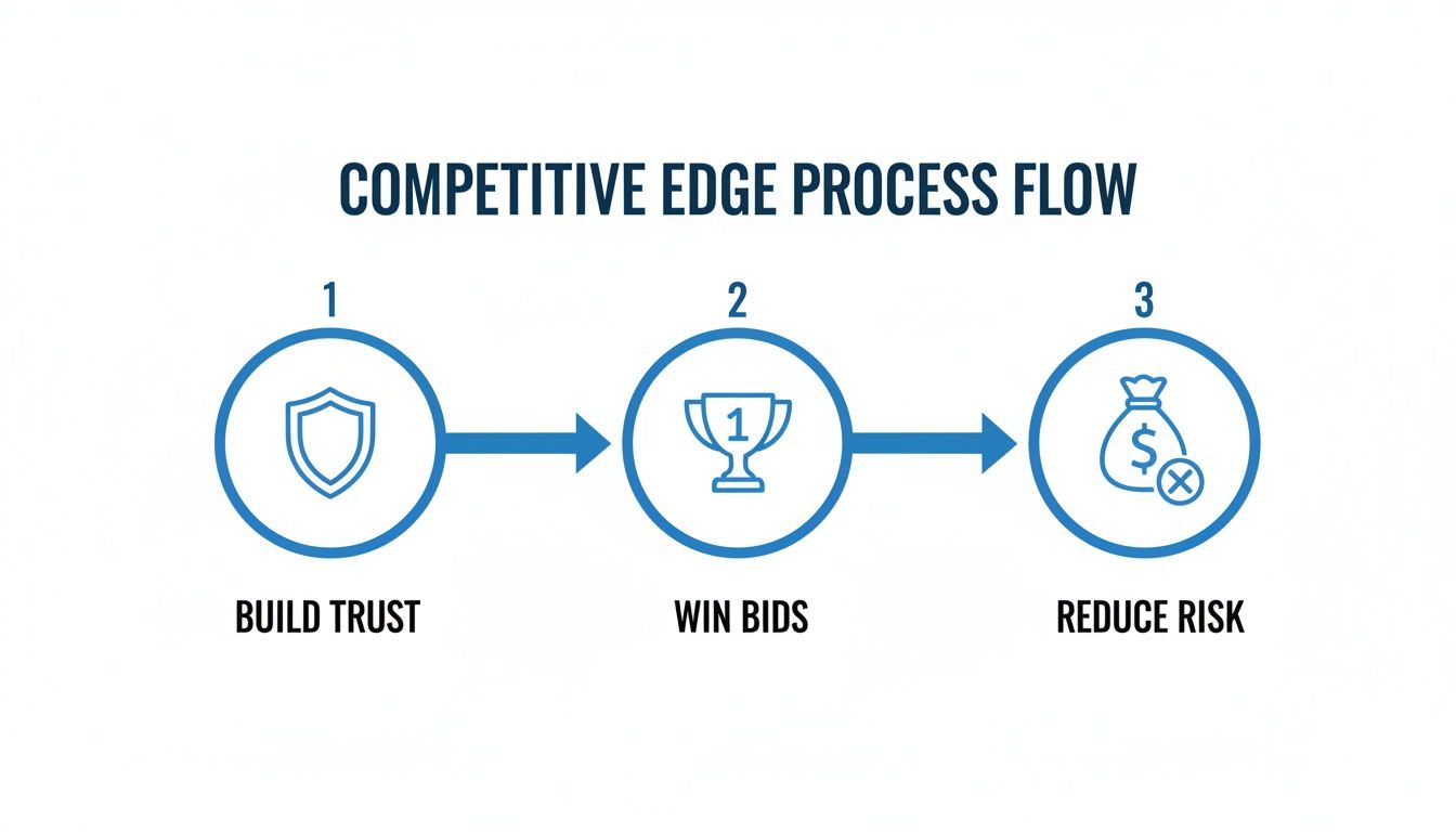 A flowchart illustrating the competitive edge process flow, detailing steps to build trust, win bids, and reduce risk.