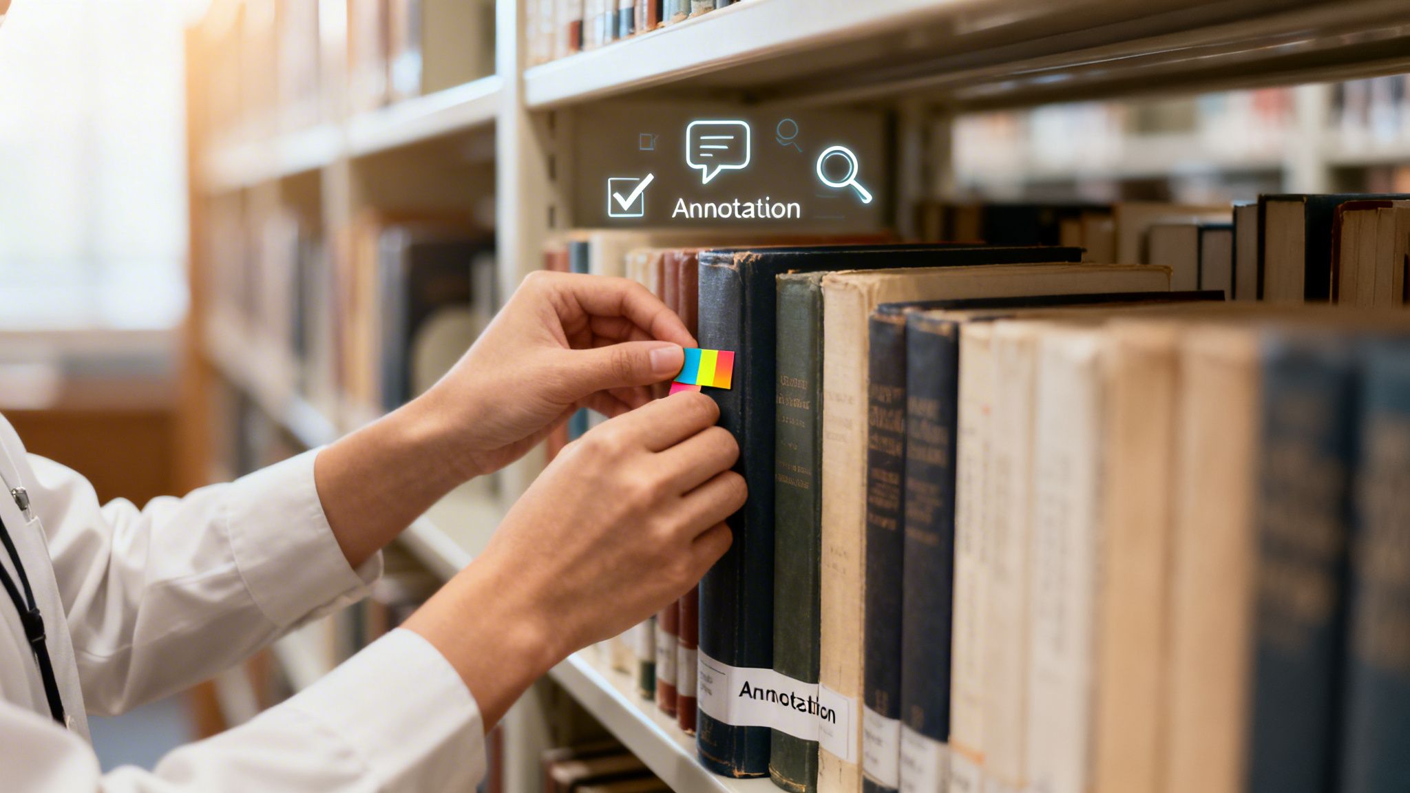 Hands annotating a book with colorful sticky notes in a library, with a digital 'Annotation' overlay.