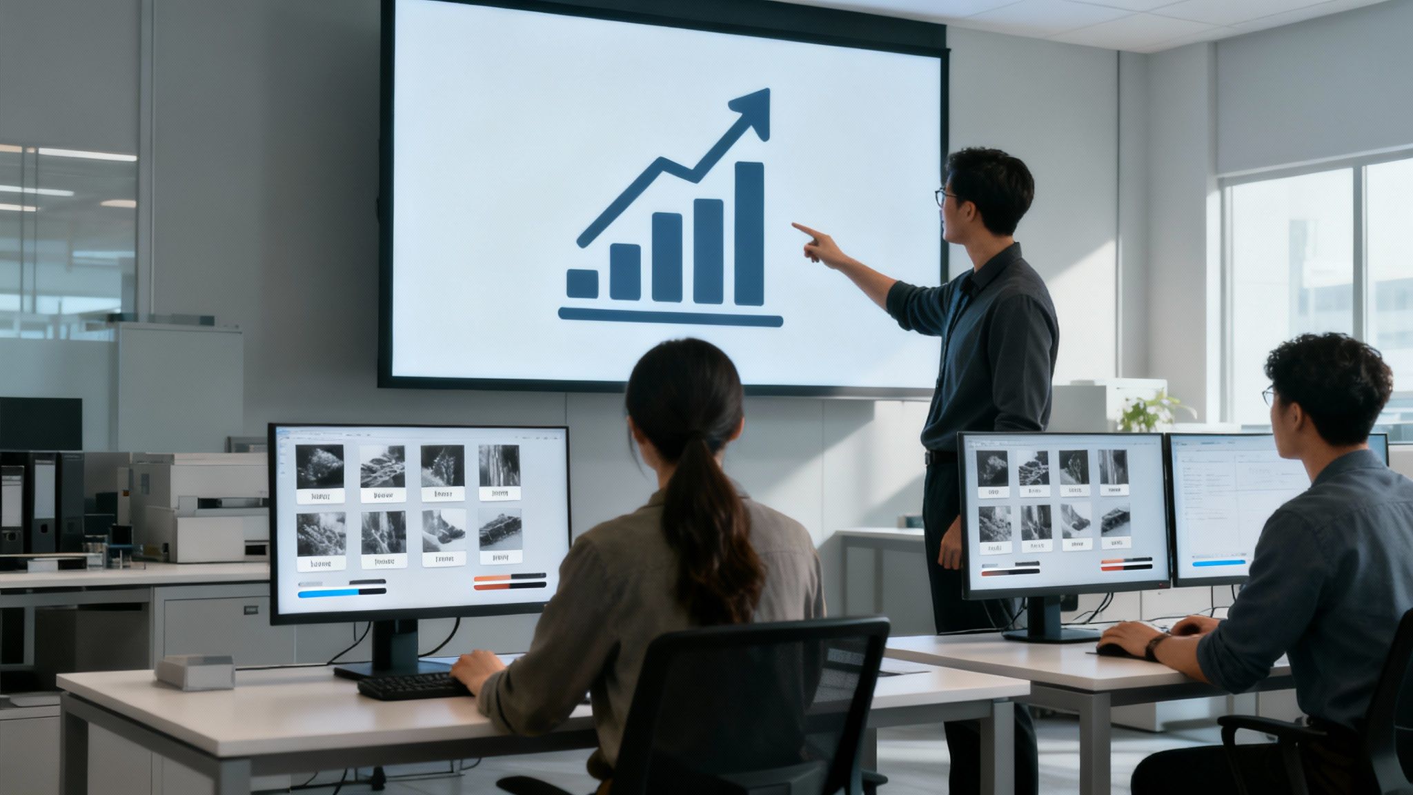 A man presents a growth chart on a large screen to two colleagues working at desks with computers.