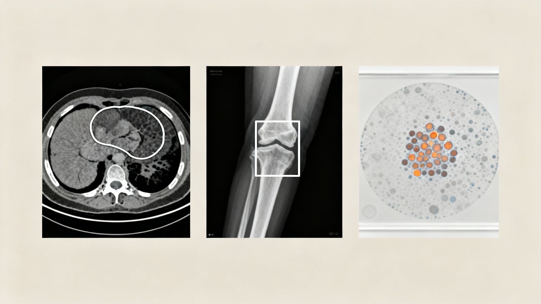 Three diverse medical images: a CT scan, a knee X-ray, and a microscopic view of cells.