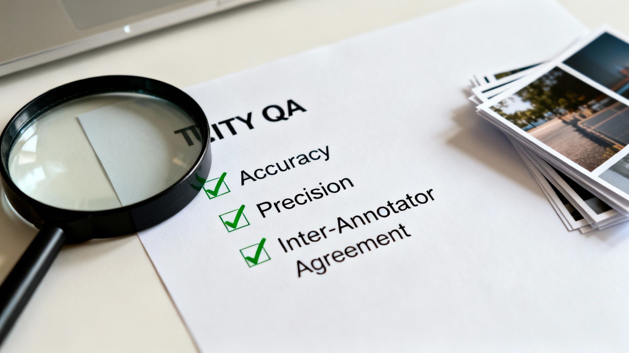 A Quality QA checklist with Accuracy, Precision, and Inter-Annotator Agreement checked, next to a magnifying glass and image stack.