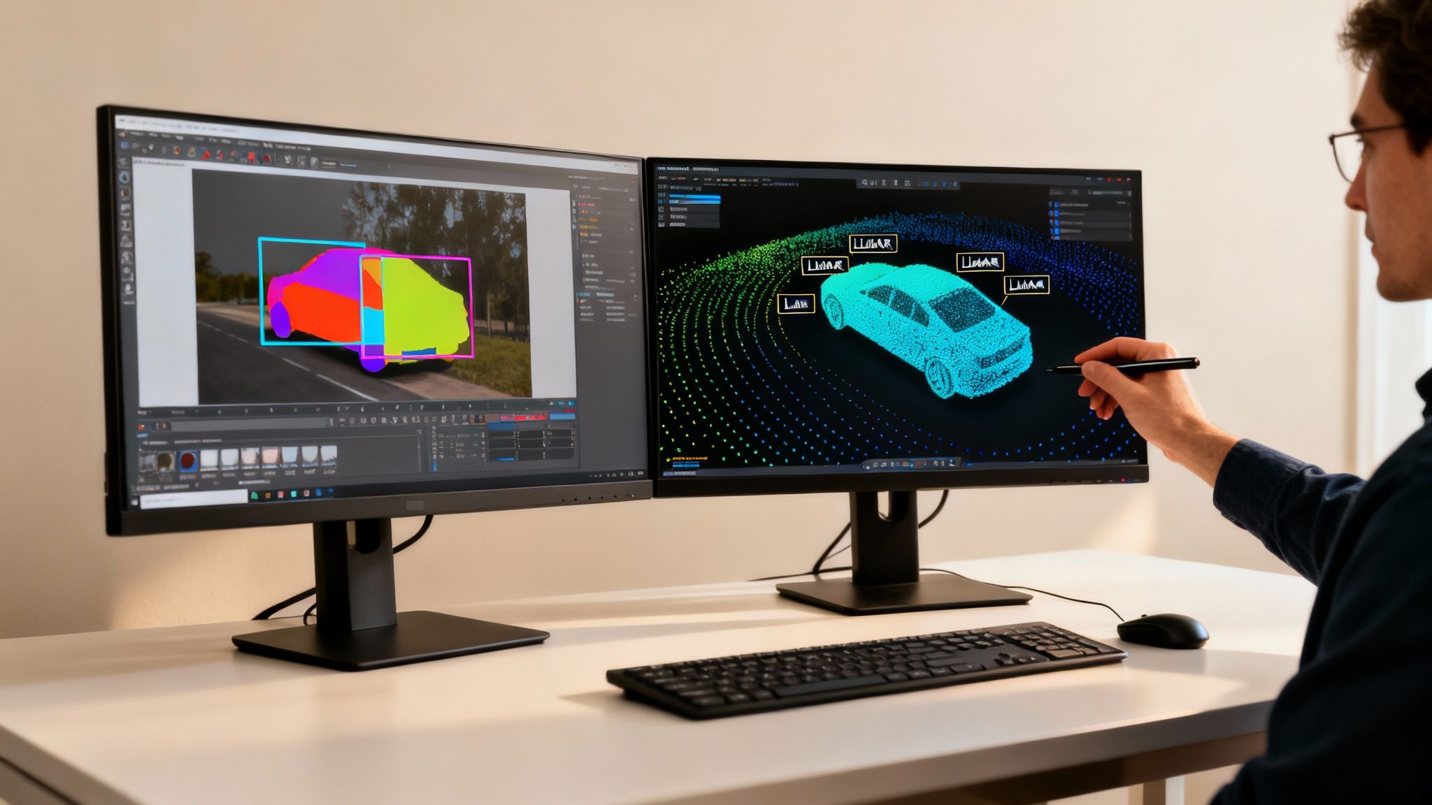 Person analyzing car segmentation and 3D LiDAR point cloud data on dual monitors with a stylus.