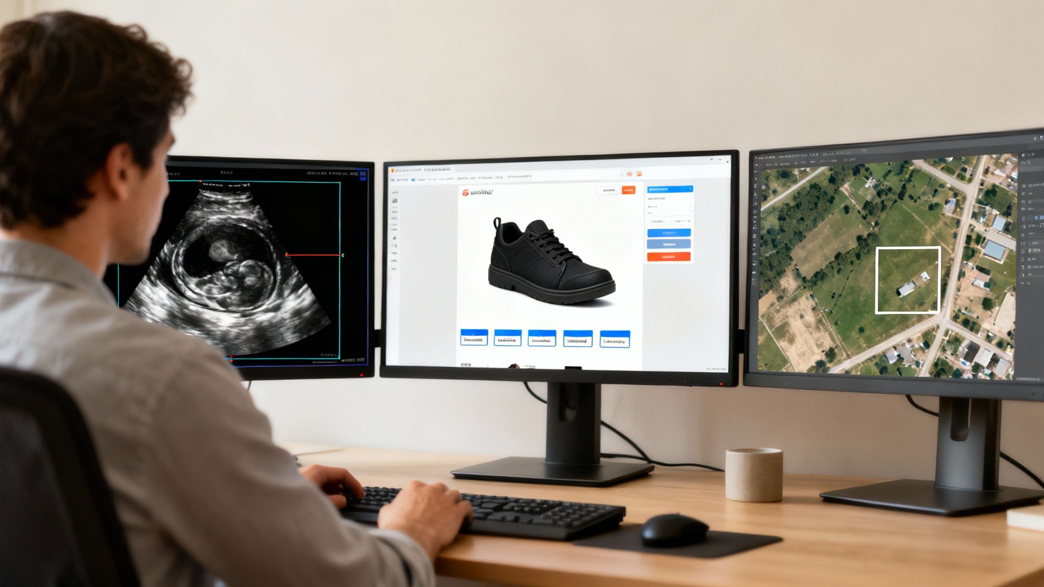 A man at a desk with three monitors displaying medical ultrasound, product page, and aerial map.