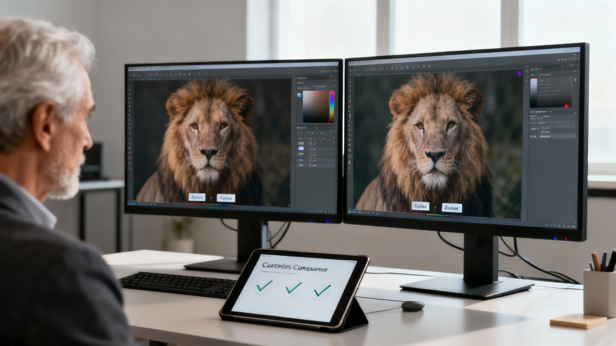 A man with gray hair works at a desk with dual monitors showing lion images and a tablet.
