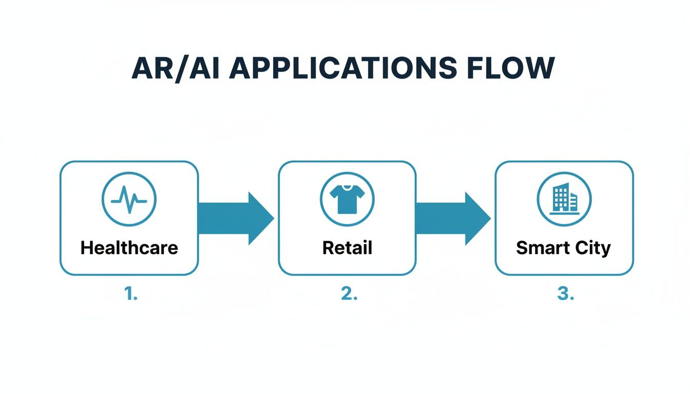 A flow diagram illustrating AR/AI applications across healthcare, retail, and smart city sectors.