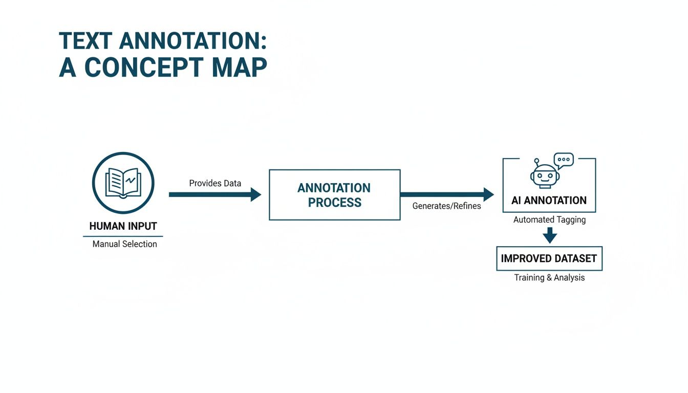 A concept map illustrating the text annotation process from human input to AI-driven tagging and an improved dataset.