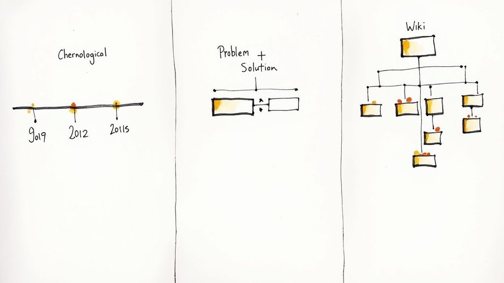 Three diagrams depicting document organization methods: chronological timeline, problem-solution, and hierarchical wiki structure.