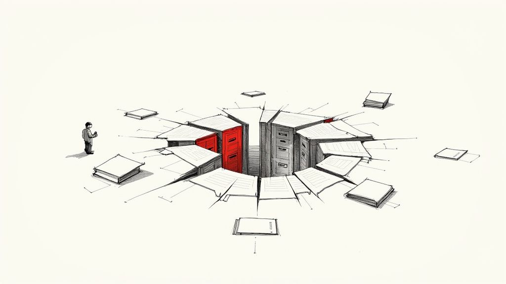 A person looking into a circular crack in the ground revealing filing cabinets and papers, with two red cabinets highlighted.